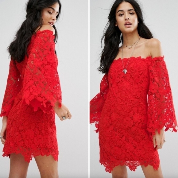NWT FREE PEOPLE | Dusk Off The Shoulder Lace Dress in Fiesta Red | Size 8 - Picture 1 of 11